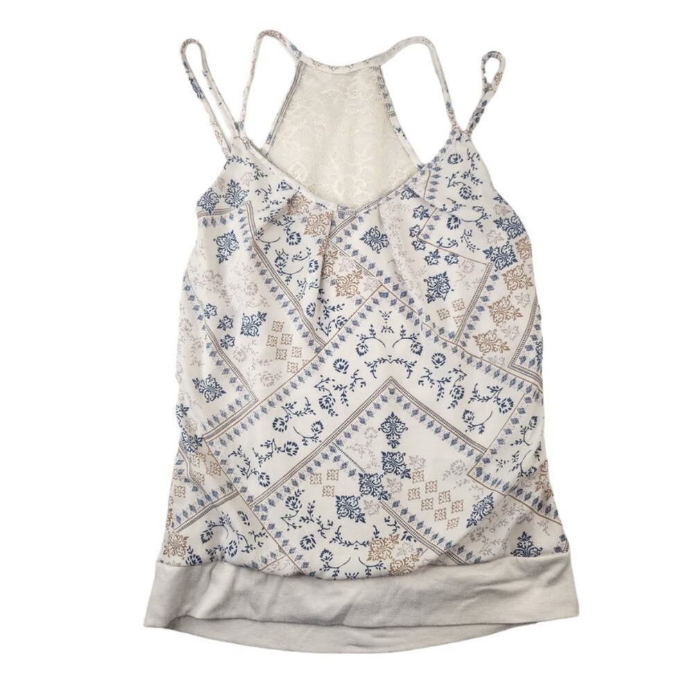 White Blue Bohemian Tank Top Womens Small Double Strap Floral Geometric